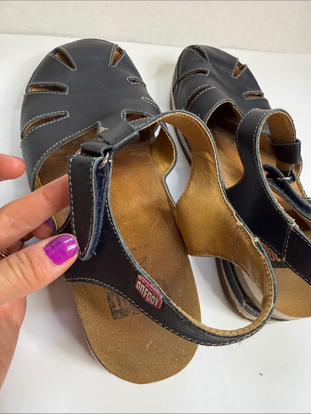 Onfoot Fisherman T Strap Sandals Leather Navy Blue size 9.5 - Picture 7 of 16